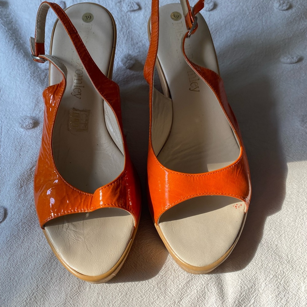 Russell and Bromley Cork Wedge Women's Orange Slingback Sandals - size 39/8.5